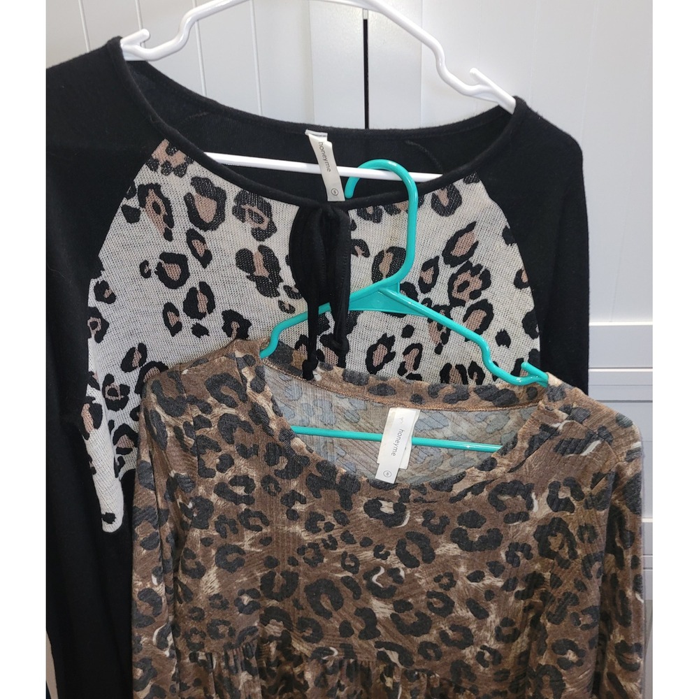 Honeyme Womens Leopard Print Top Bundle Small Black Raglan Brown Tiered Babydoll